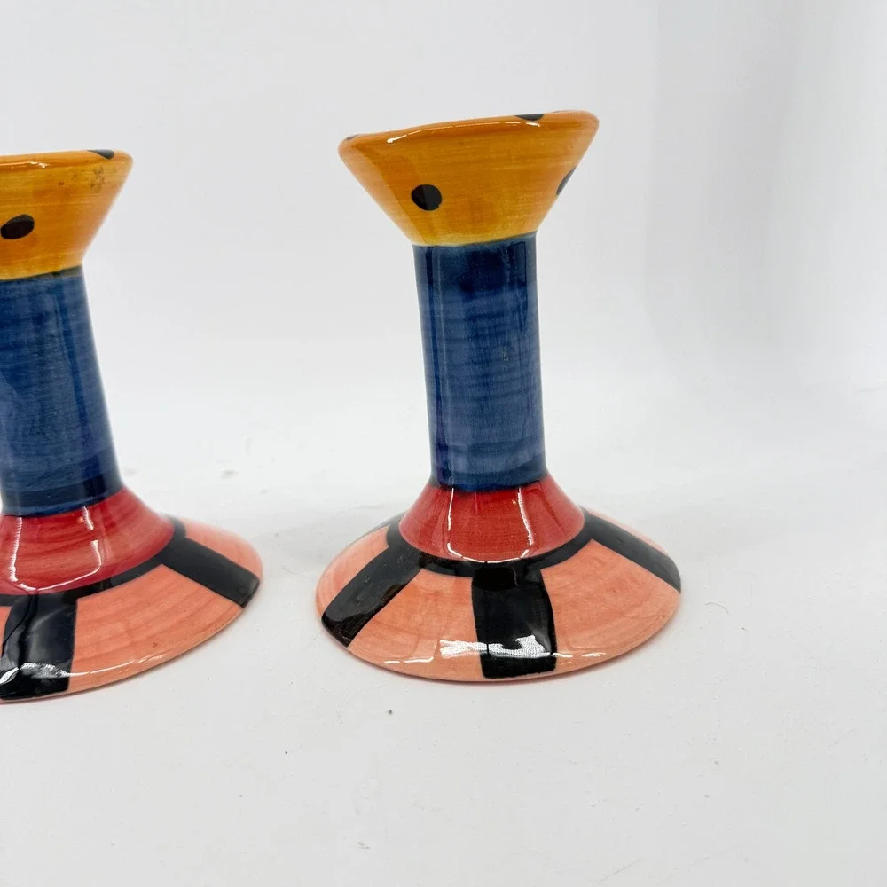 Vicki Carroll Candle Holders Pair OS Multicolor Hand Painted Studio Pottery 1997